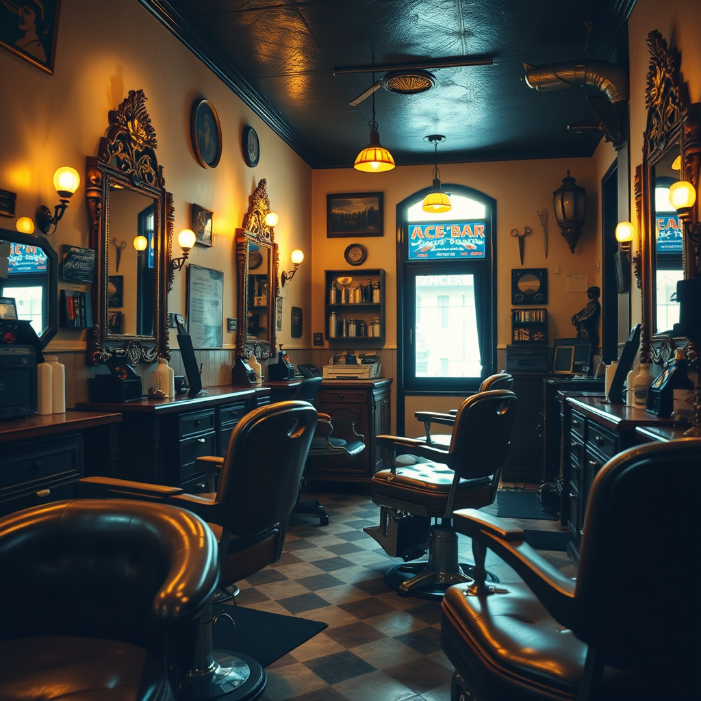 Interior de una barbería tradicional española con sillones de cuero vintage, espejos ornamentados, herramientas clásicas de barbero como navajas y tijeras, ambiente cálido con iluminación dorada y decoración retro