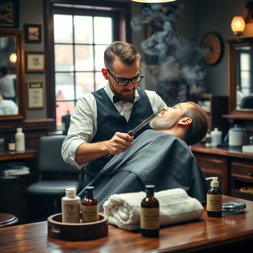 Barbero profesional realizando afeitado clásico con navaja tradicional en barbería vintage, con toallas calientes y productos de afeitado artesanales sobre mesa de madera