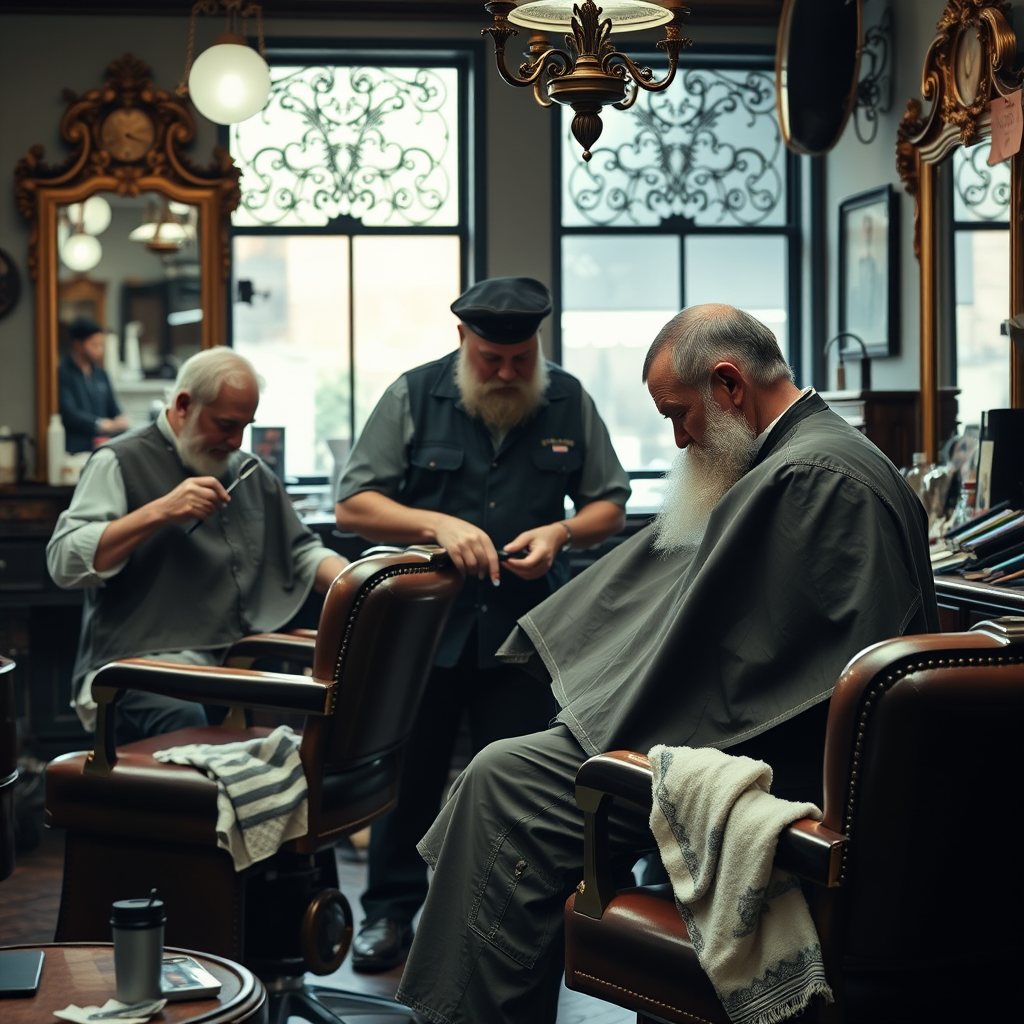Maestros barberos veteranos trabajando en una barbería clásica tradicional con herramientas antiguas, navajas, tijeras y toallas calientes, ambiente vintage con sillones de cuero y espejos ornamentados