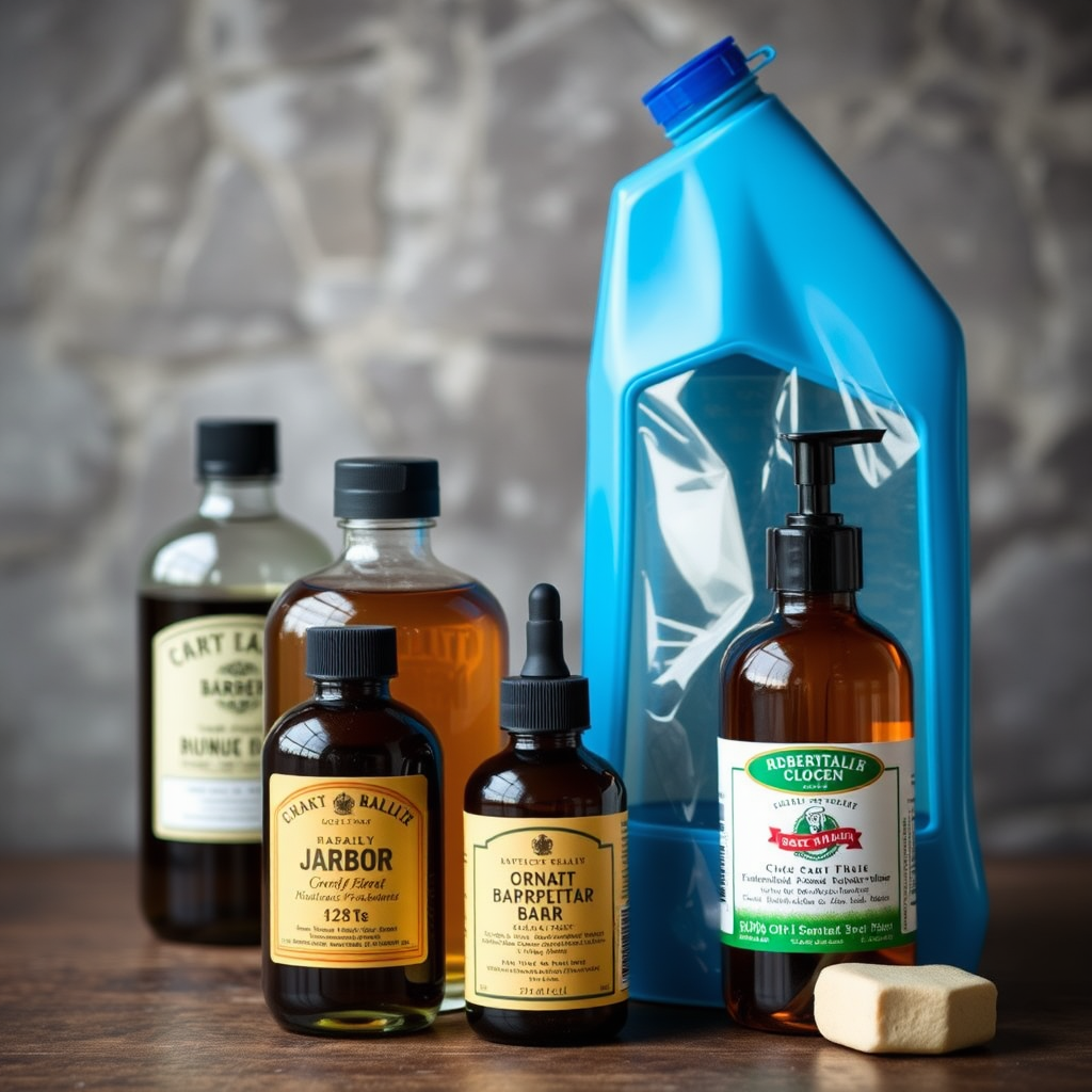 Comparación visual entre productos artesanales de barbería con ingredientes naturales y frascos de vidrio versus productos industriales modernos con envases plásticos, mostrando la diferencia en presentación y calidad