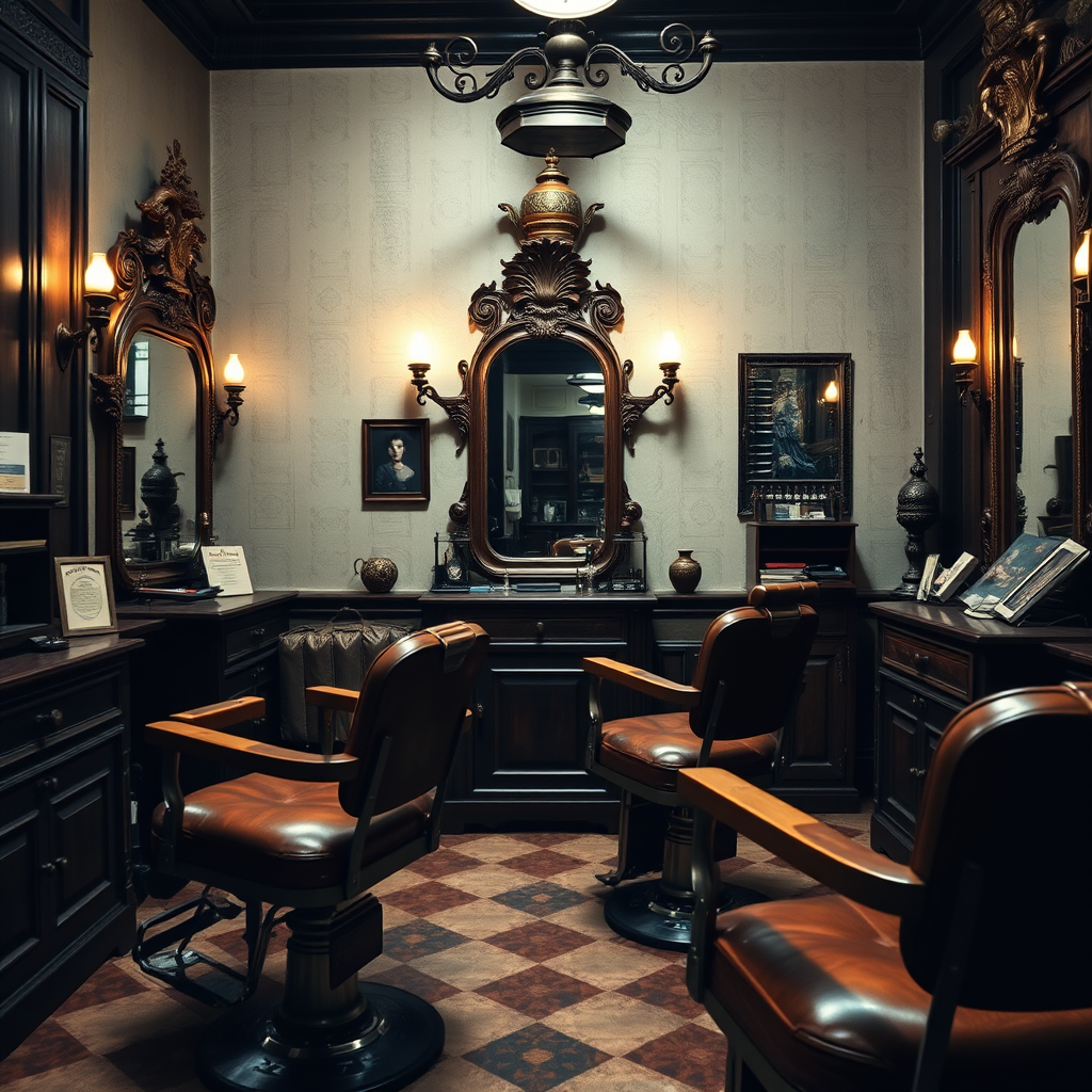 Barbería española tradicional del siglo XIX con sillones de cuero, espejos ornamentados, herramientas clásicas de barbero y ambiente vintage con detalles en madera oscura