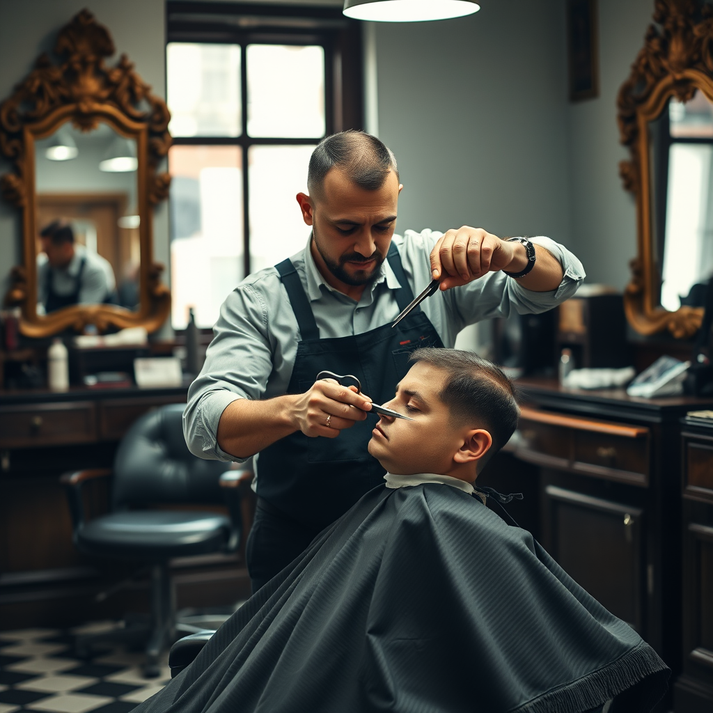 Barbero profesional realizando un corte de cabello tradicional con tijeras en una barbería clásica española, ambiente vintage con sillón de cuero y espejos antiguos