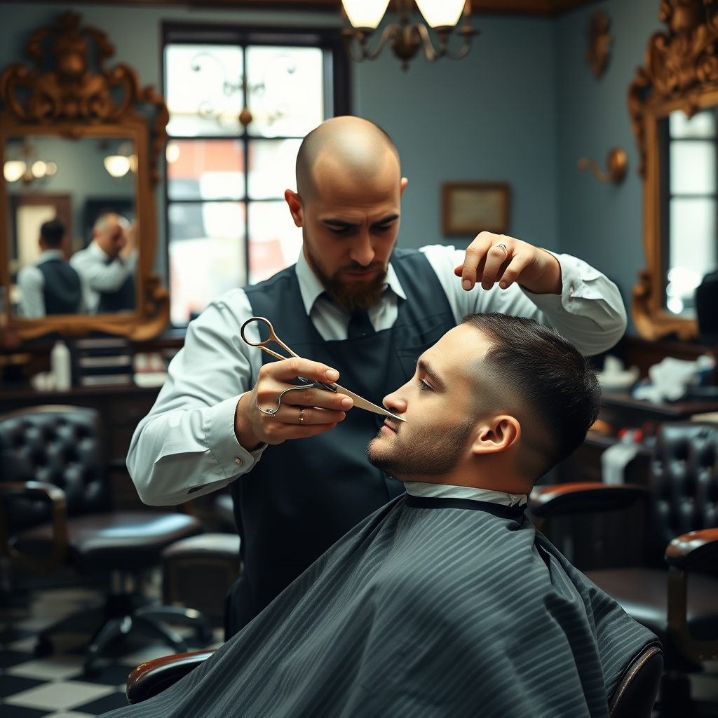 Barbero profesional realizando un corte de cabello tradicional con tijeras clásicas en una barbería española elegante con sillones de cuero vintage y espejos ornamentados