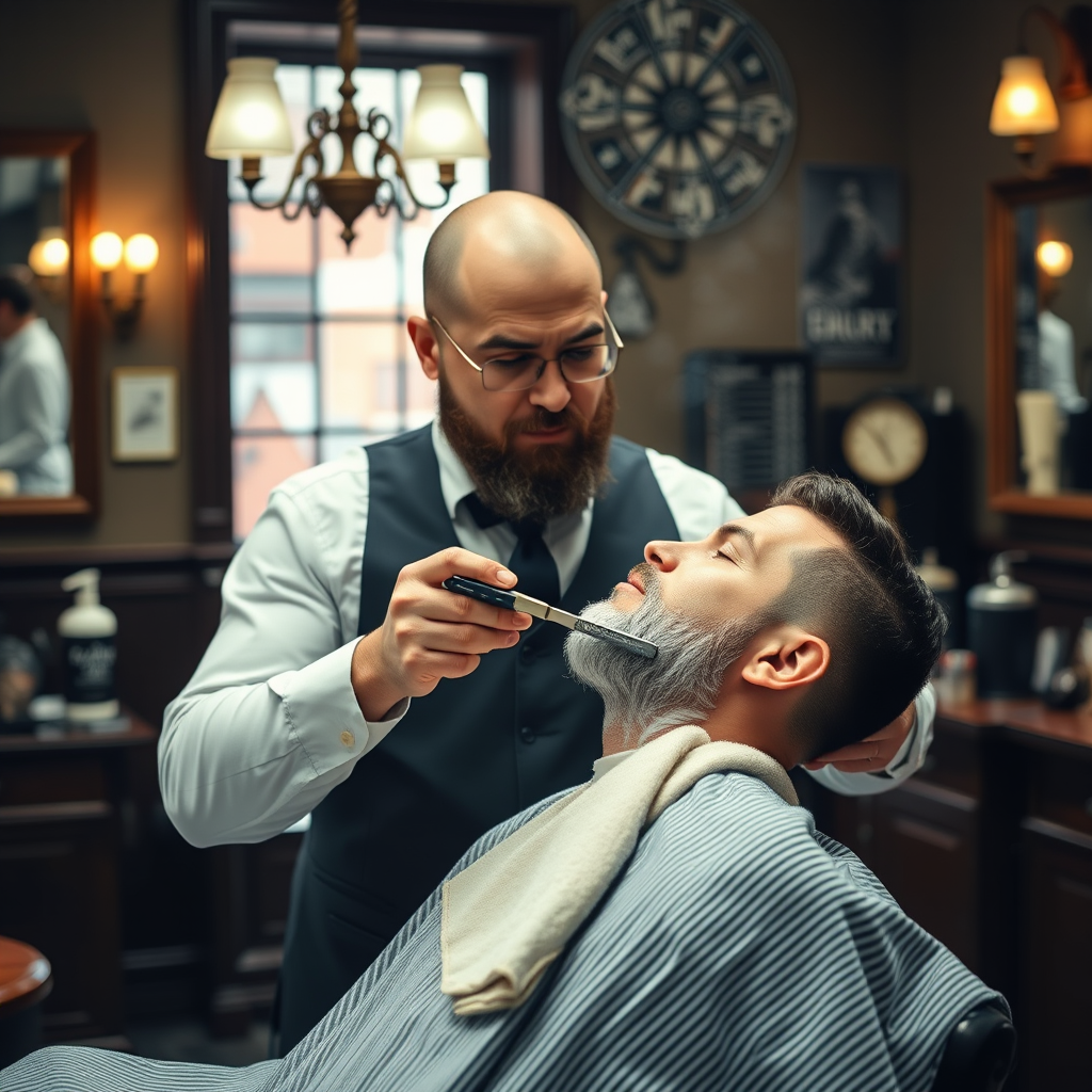 Barbero profesional realizando afeitado tradicional con navaja clásica, toallas calientes y jabón artesanal en barbería elegante con ambiente vintage