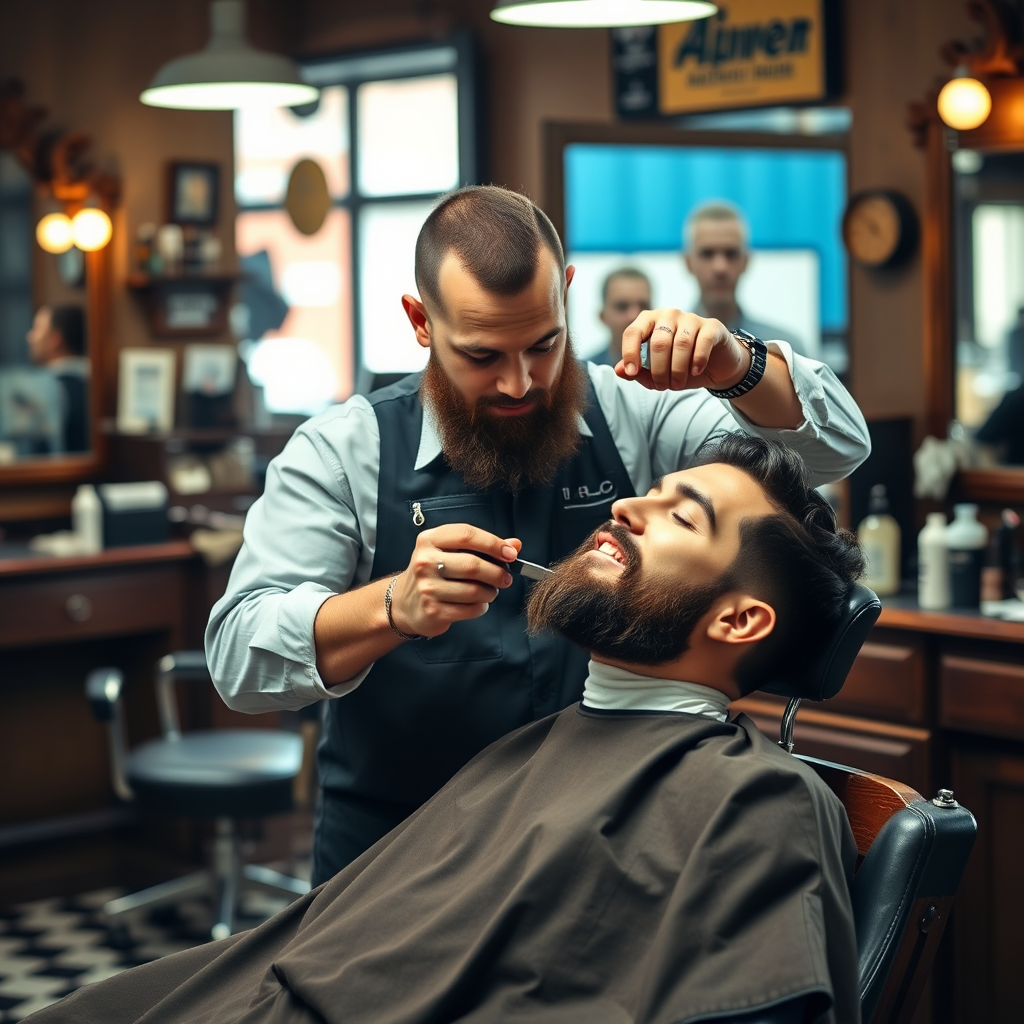 Barbero profesional realizando arreglo de barba con navaja clásica en barbería tradicional, cliente relajado en silla de barbero vintage, ambiente cálido con espejos y productos de cuidado masculino