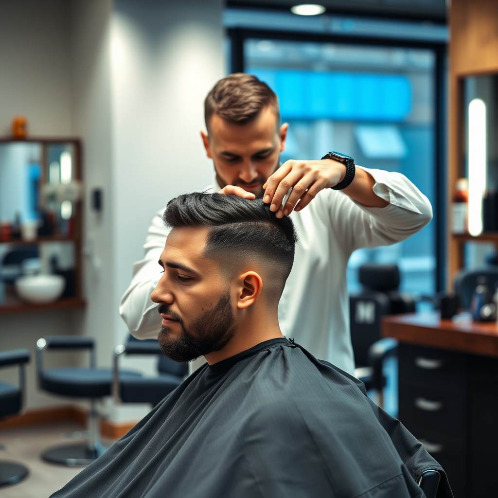 Barbero profesional aplicando tratamiento capilar especializado a cliente masculino en barbería moderna con productos nutritivos y técnicas de masaje capilar