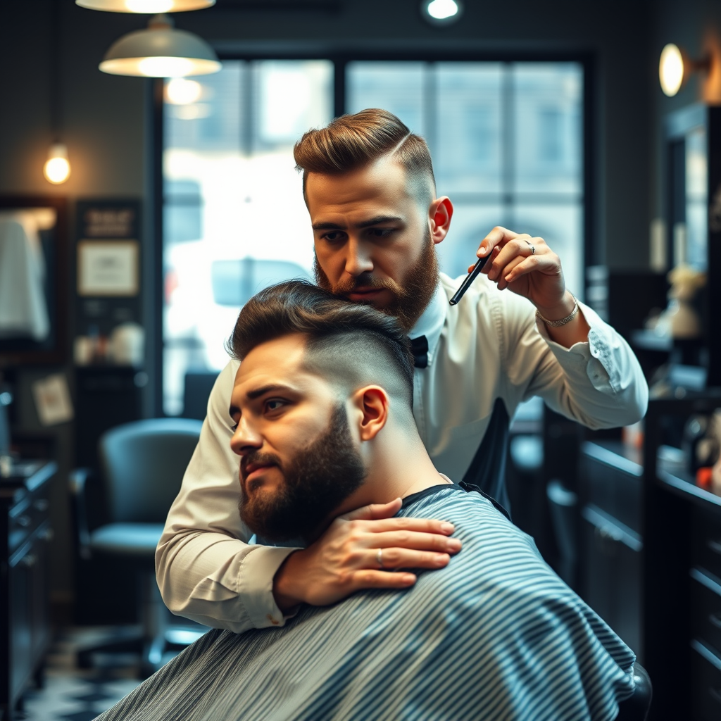 Elegante barbero profesional realizando un servicio completo de caballero con corte de cabello, afeitado tradicional y arreglo de barba en una barbería clásica con ambiente moderno y sofisticado