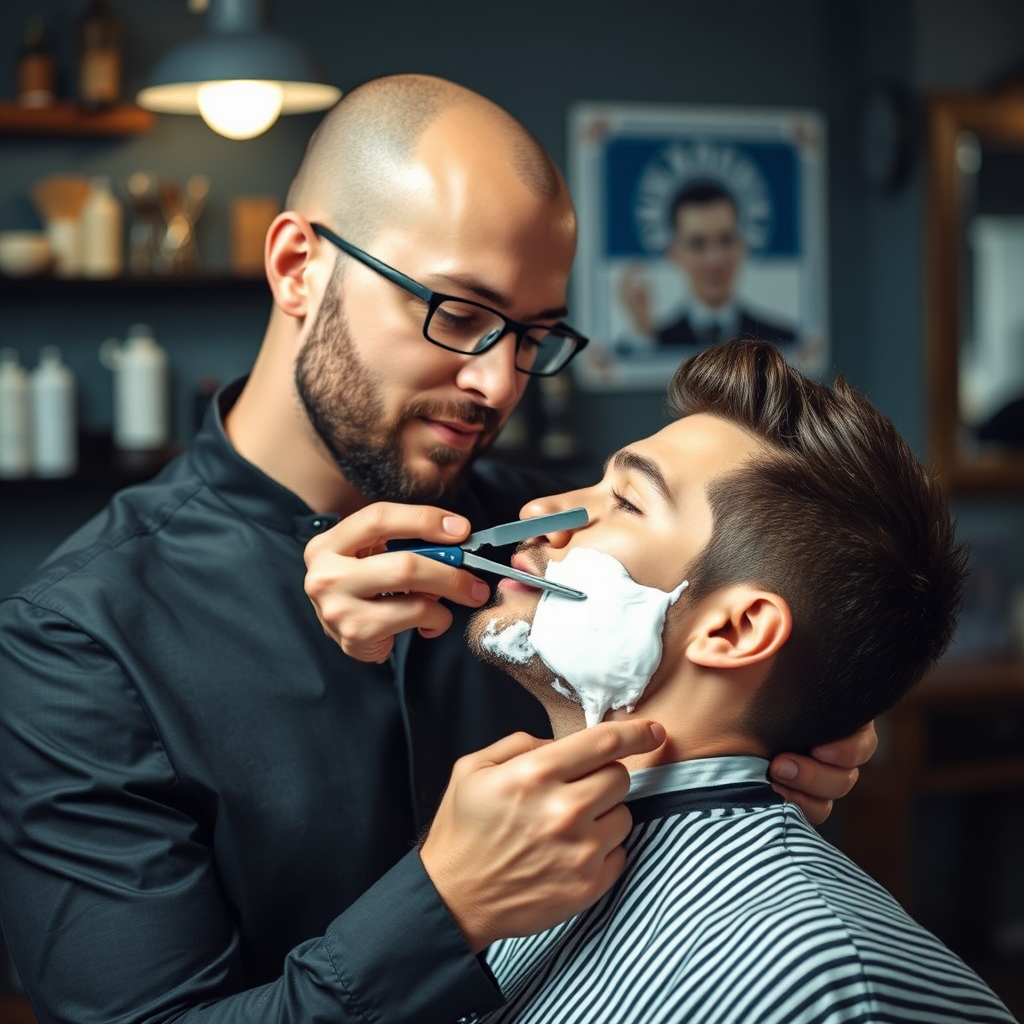 Barbero profesional realizando un afeitado clásico con navaja tradicional a un cliente, aplicando espuma de afeitar con brocha natural, ambiente profesional de barbería