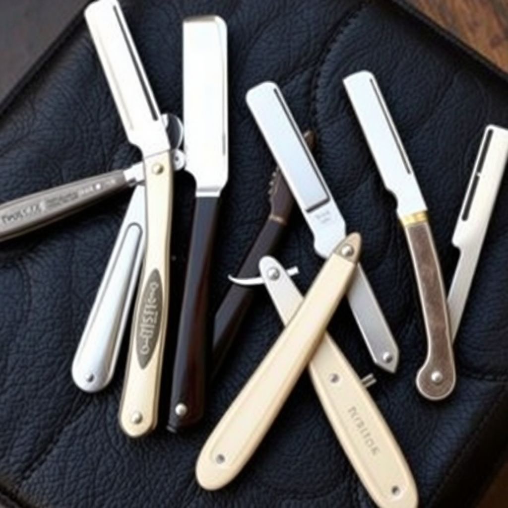 Colección de navajas de afeitar clásicas dispuestas sobre cuero negro, mostrando diferentes estilos y acabados tradicionales