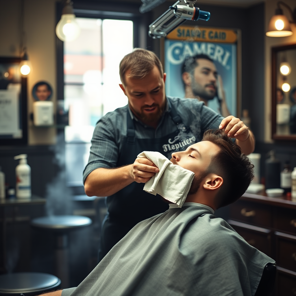 Barbero aplicando toalla caliente en el rostro de un cliente en una barbería clásica, ambiente relajante con vapor y productos tradicionales de afeitado