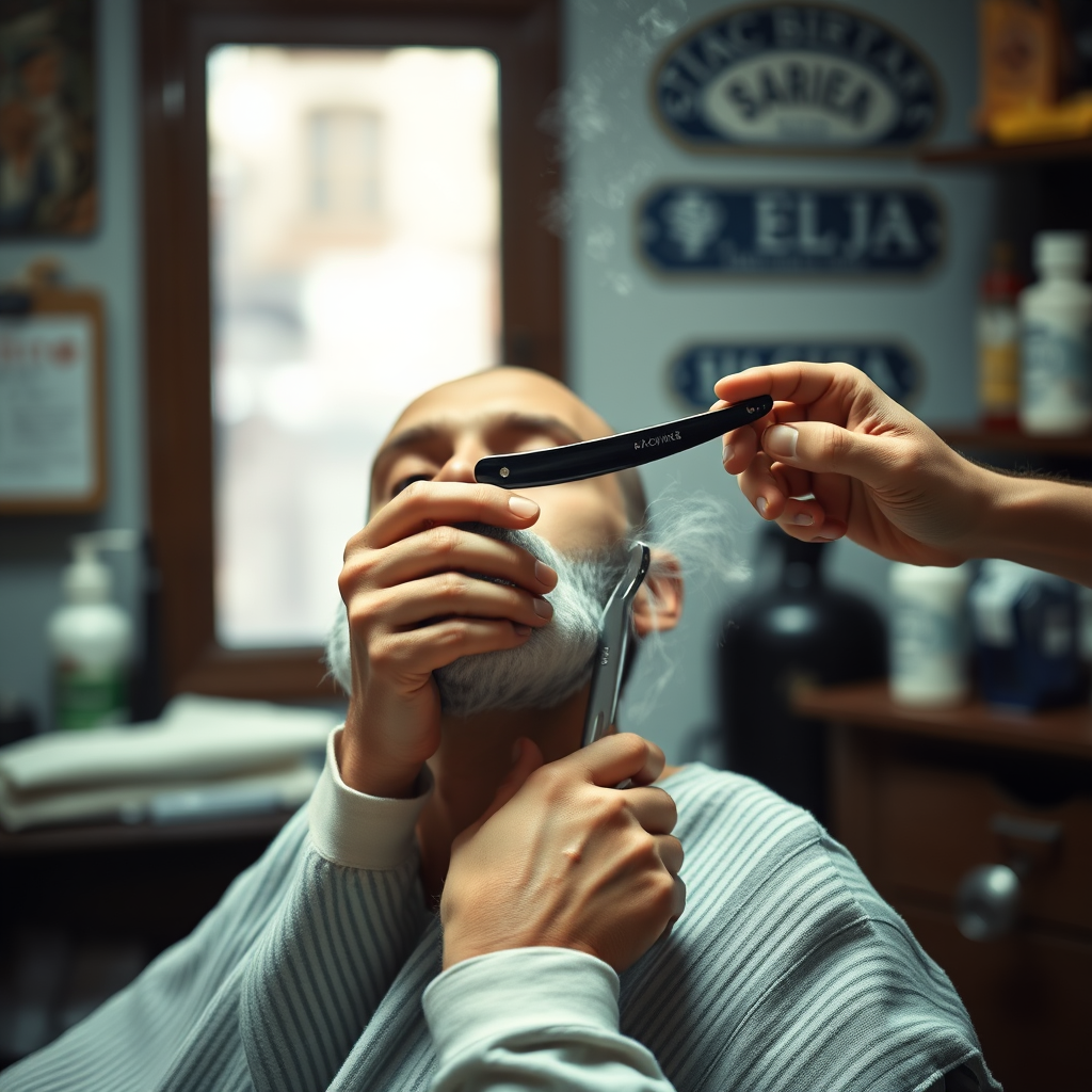 Afeitado tradicional con navaja clásica en barbería española, toallas calientes, jabón artesanal y técnicas centenarias de barbero profesional
