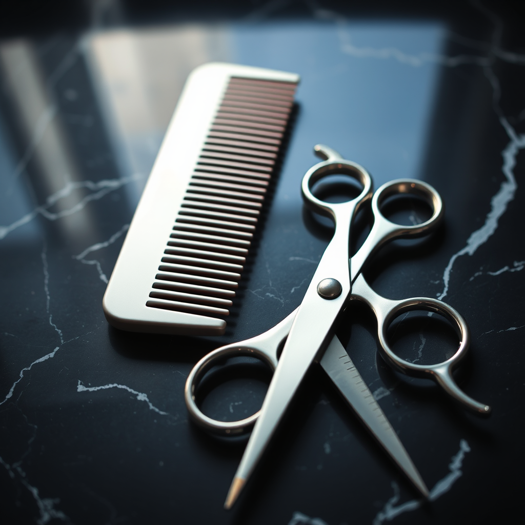 Tijeras profesionales de barbería y peine clásico sobre una superficie de mármol negro con iluminación dramática