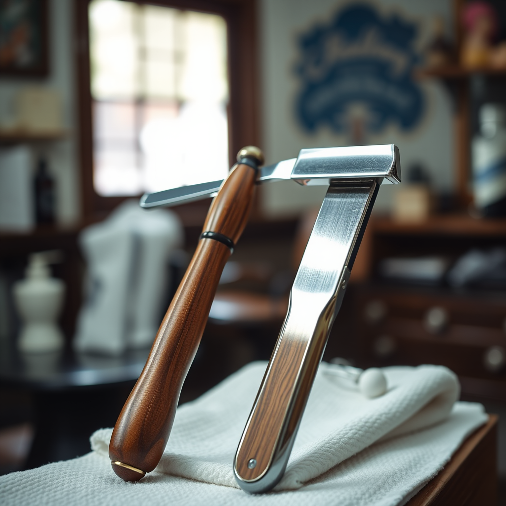 Navaja de afeitar clásica profesional con mango de madera y hoja de acero pulido sobre toalla blanca en barbería tradicional