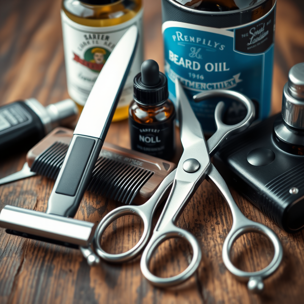 Detalle de herramientas profesionales de barbería: navaja clásica, tijeras de precisión, peine de metal, aceites para barba y productos de cuidado masculino sobre superficie de madera vintage
