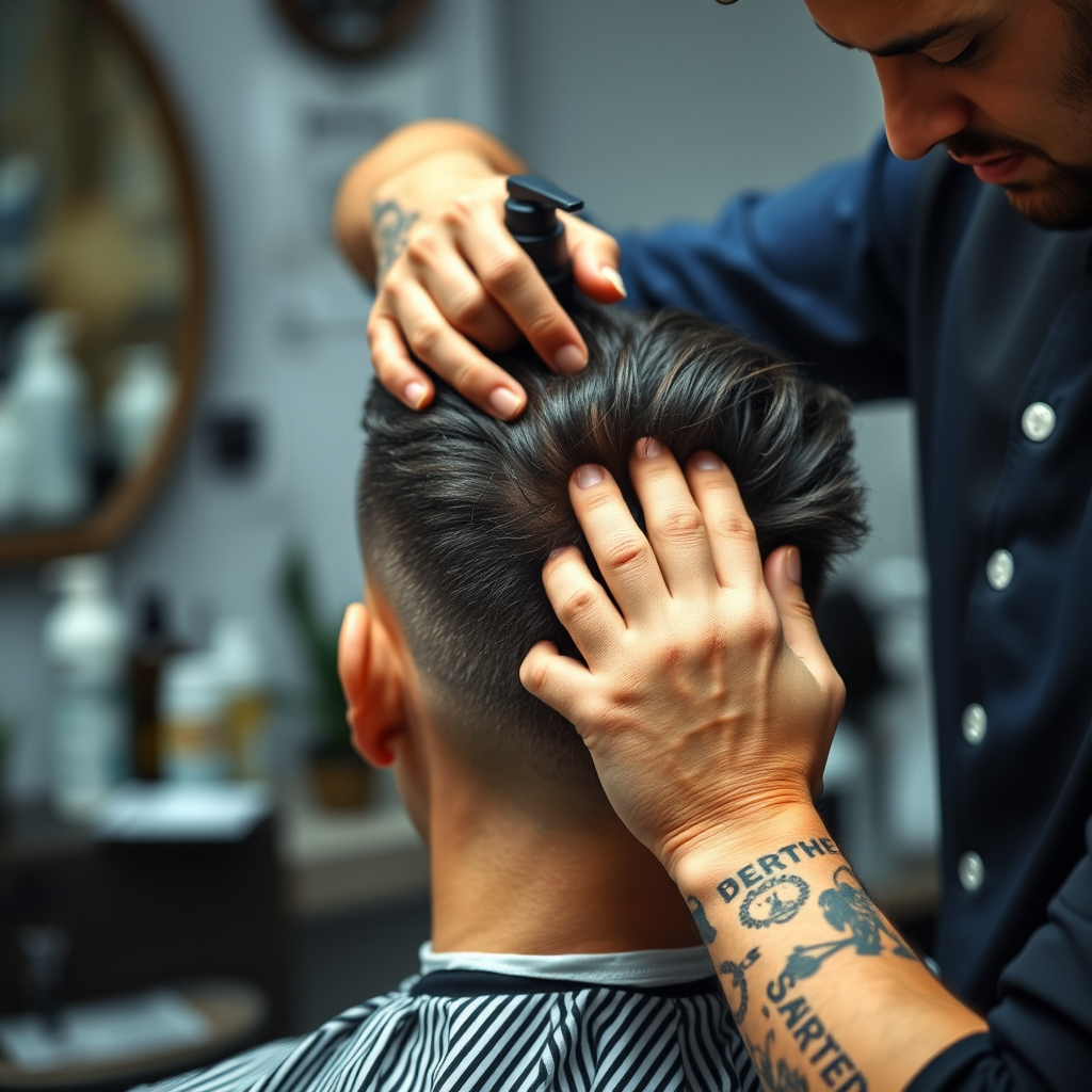 Proceso de aplicación de productos nutritivos capilares en barbería clásica con técnicas profesionales de masaje y cuidado del cuero cabelludo masculino