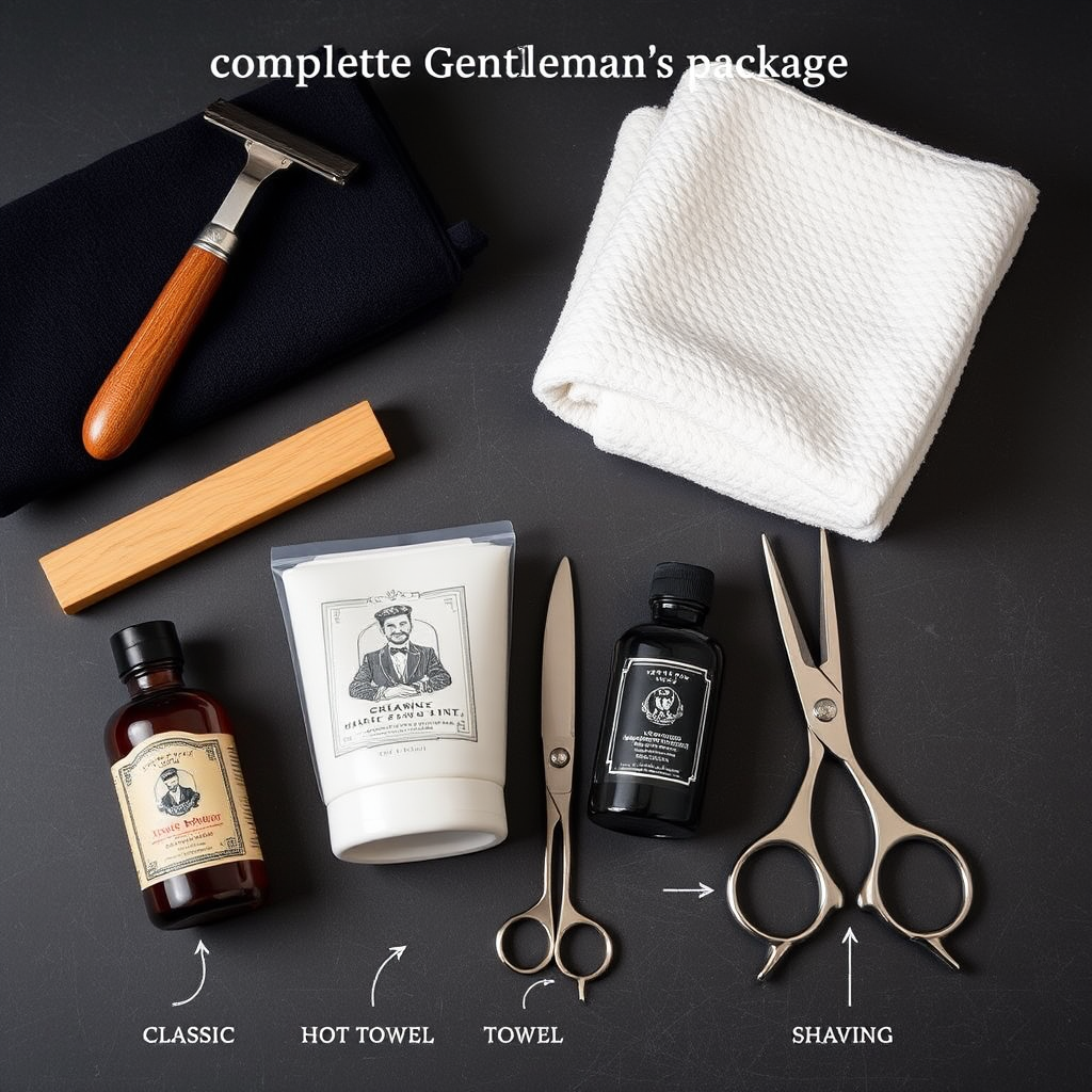 Proceso paso a paso del paquete completo de caballero mostrando las herramientas tradicionales de barbería: navaja clásica, toallas calientes, productos de afeitado premium y tijeras profesionales dispuestas elegantemente