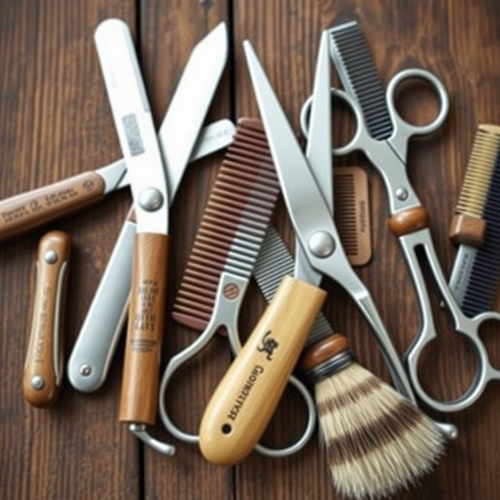 Herramientas tradicionales de barbero dispuestas sobre una superficie de madera: navajas vintage, tijeras profesionales, peines de diferentes tamaños, brochas de afeitar