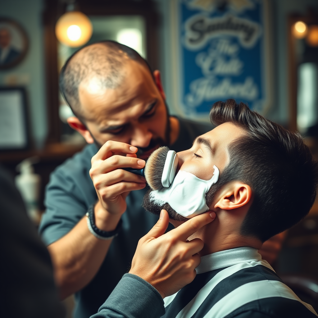 Barbero aplicando espuma de afeitar con brocha de pelo de tejón sobre el rostro de un cliente en ambiente de barbería clásica