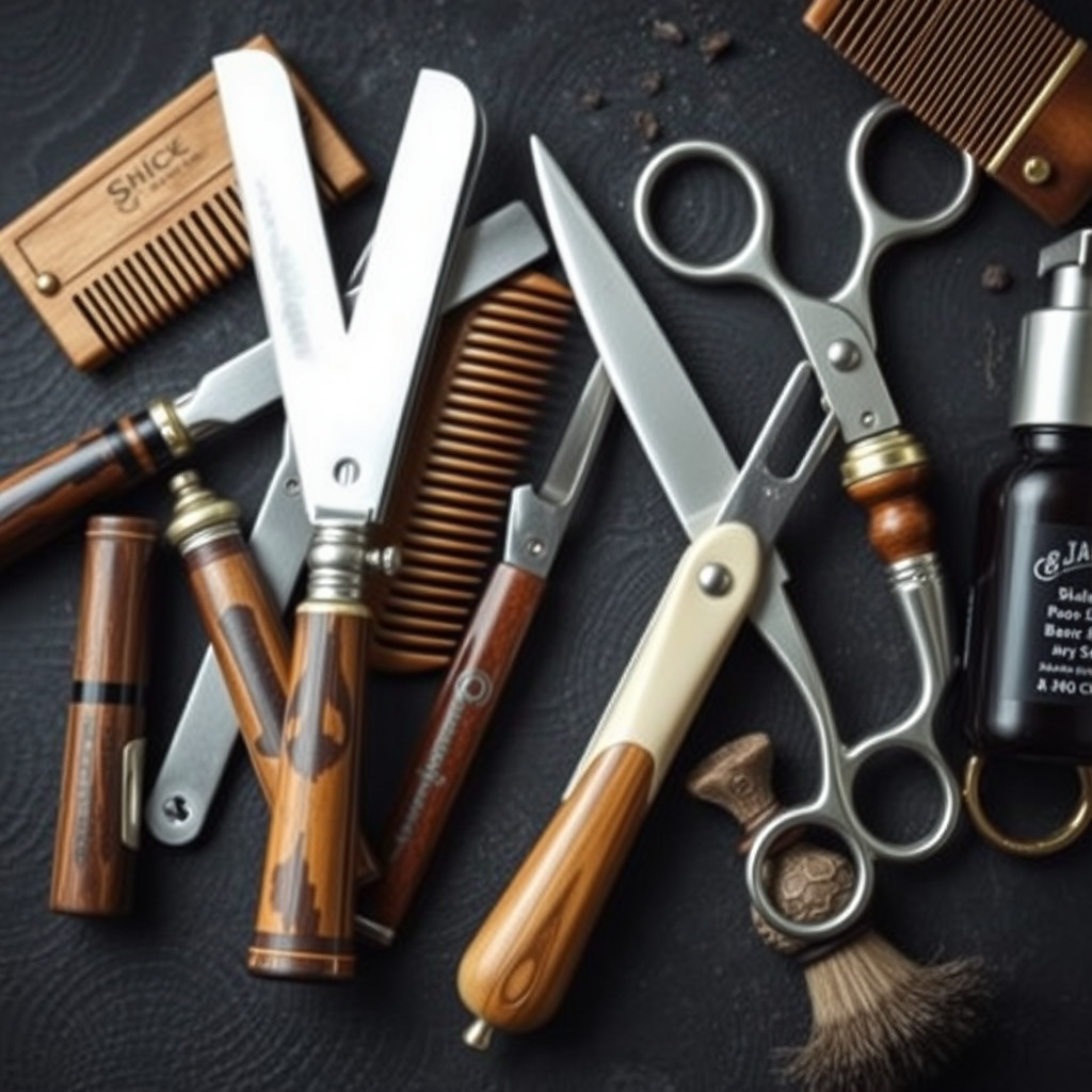 Herramientas tradicionales de barbería incluyendo navajas antiguas, tijeras profesionales, peines de cuerno y productos clásicos de afeitado dispuestos elegantemente