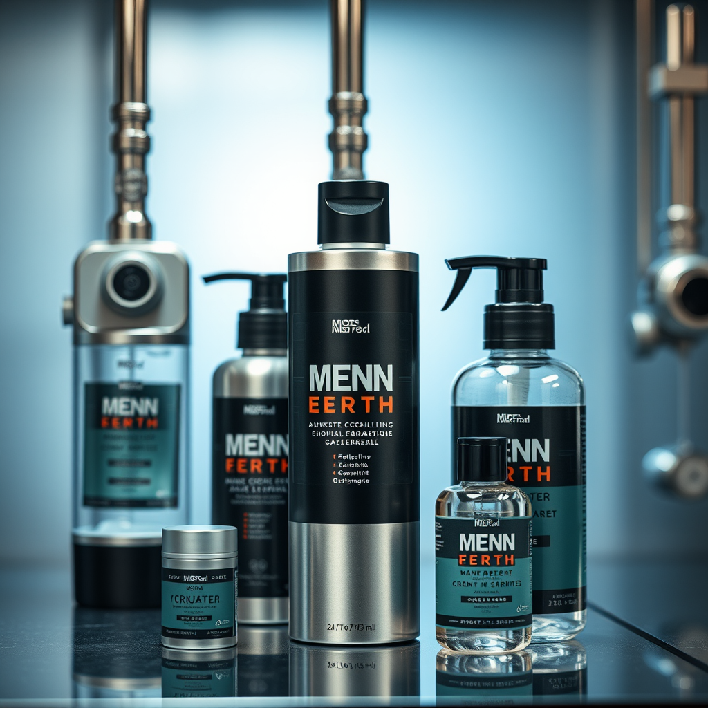 Línea de productos industriales de cuidado masculino con envases modernos, dispensadores automáticos y fórmulas científicamente desarrolladas