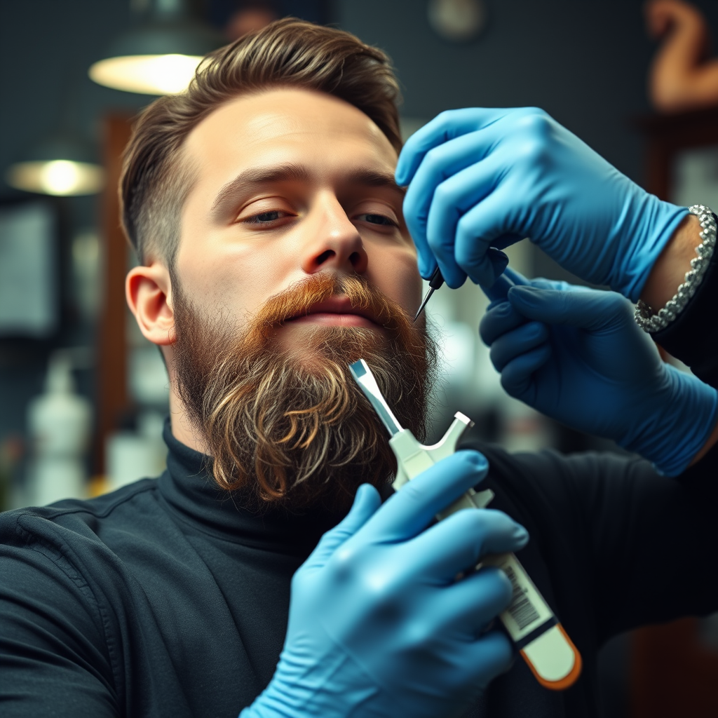 Barbero profesional arreglando y modelando barba masculina con herramientas especializadas, recorte preciso y perfilado en barbería clásica