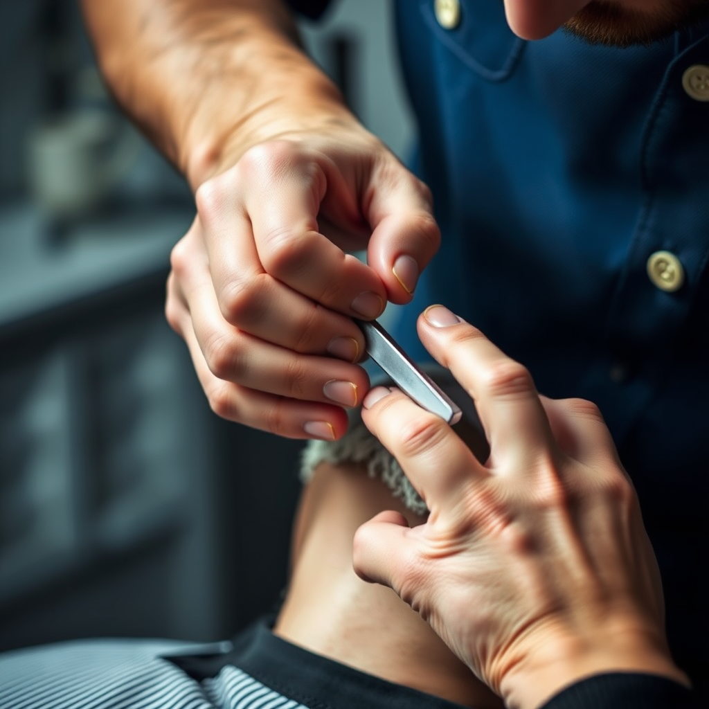 Manos expertas de barbero profesional realizando afeitado con navaja clásica, mostrando técnica precisa y movimientos controlados