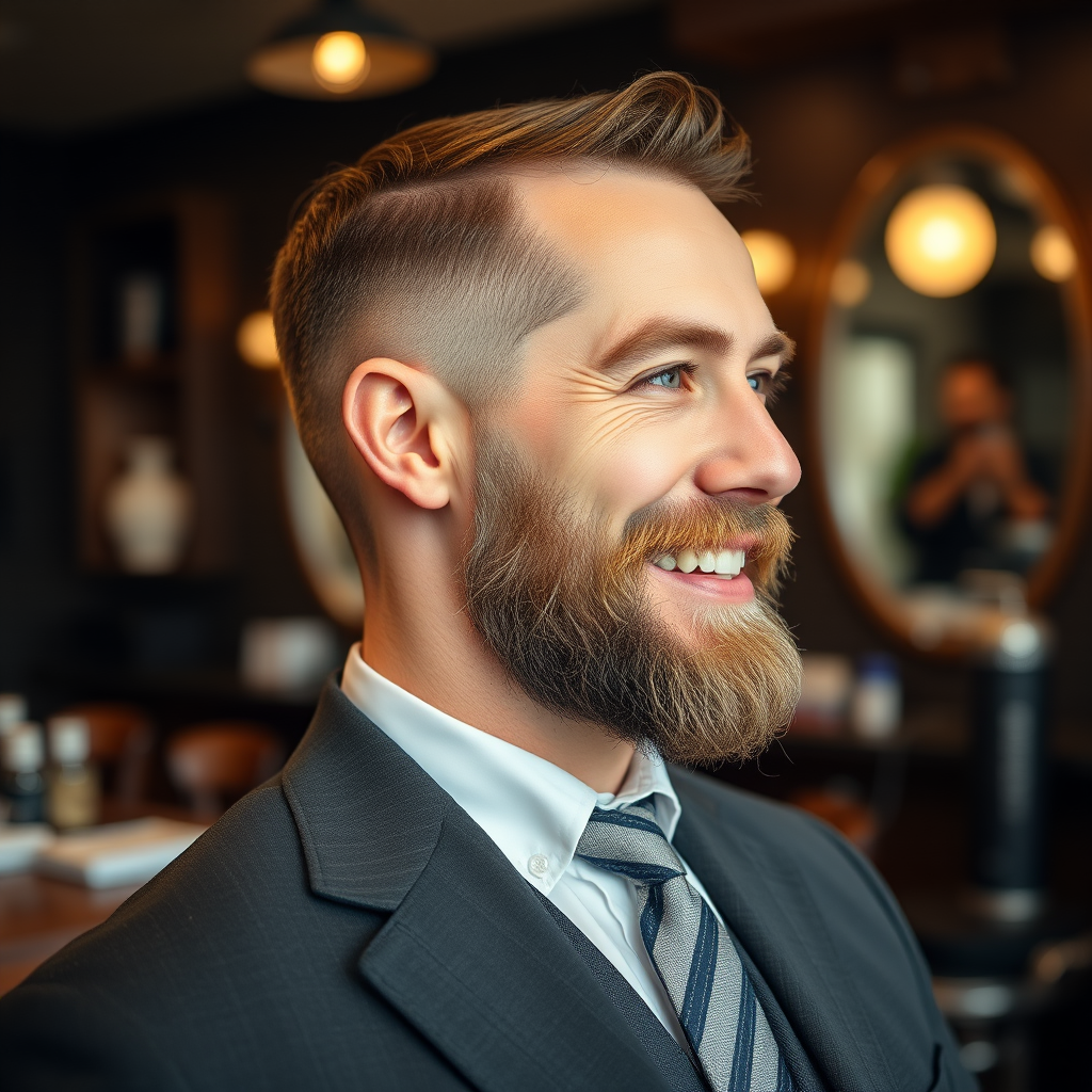 Caballero elegante después del servicio completo luciendo un corte de cabello impecable, barba perfectamente arreglada y expresión de satisfacción en el ambiente sofisticado de El Barbero Clásico