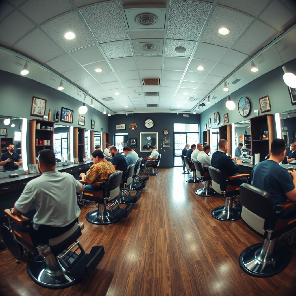 Vista panorámica de una barbería moderna con decoración vintage, múltiples sillones de barbero ocupados, clientes recibiendo servicios, ambiente profesional y acogedor