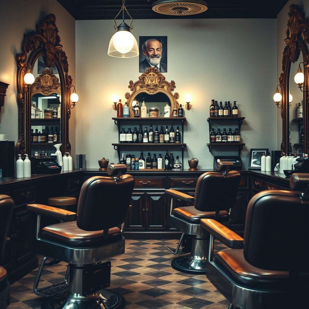 Interior de barbería clásica con sillones vintage de cuero, espejos ornamentados y estanterías llenas de productos tradicionales de afeitado y cuidado masculino