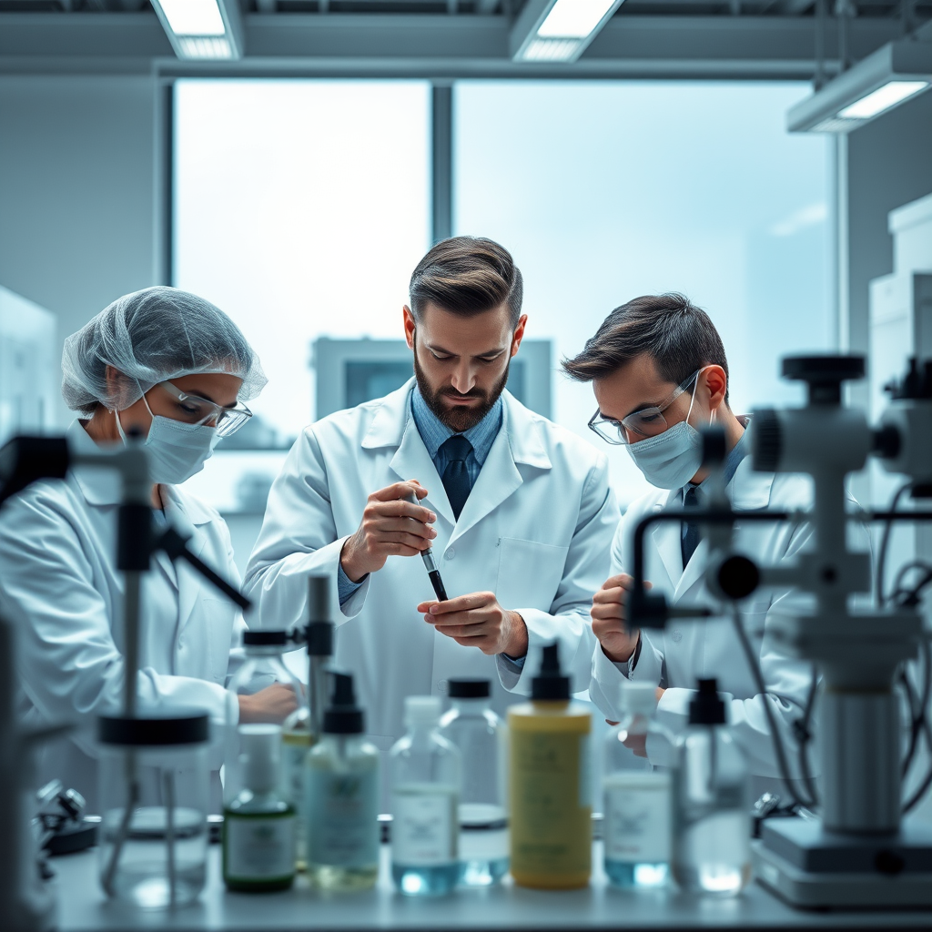 Laboratorio moderno de desarrollo de productos cosméticos masculinos con científicos trabajando en fórmulas avanzadas y equipos de alta tecnología