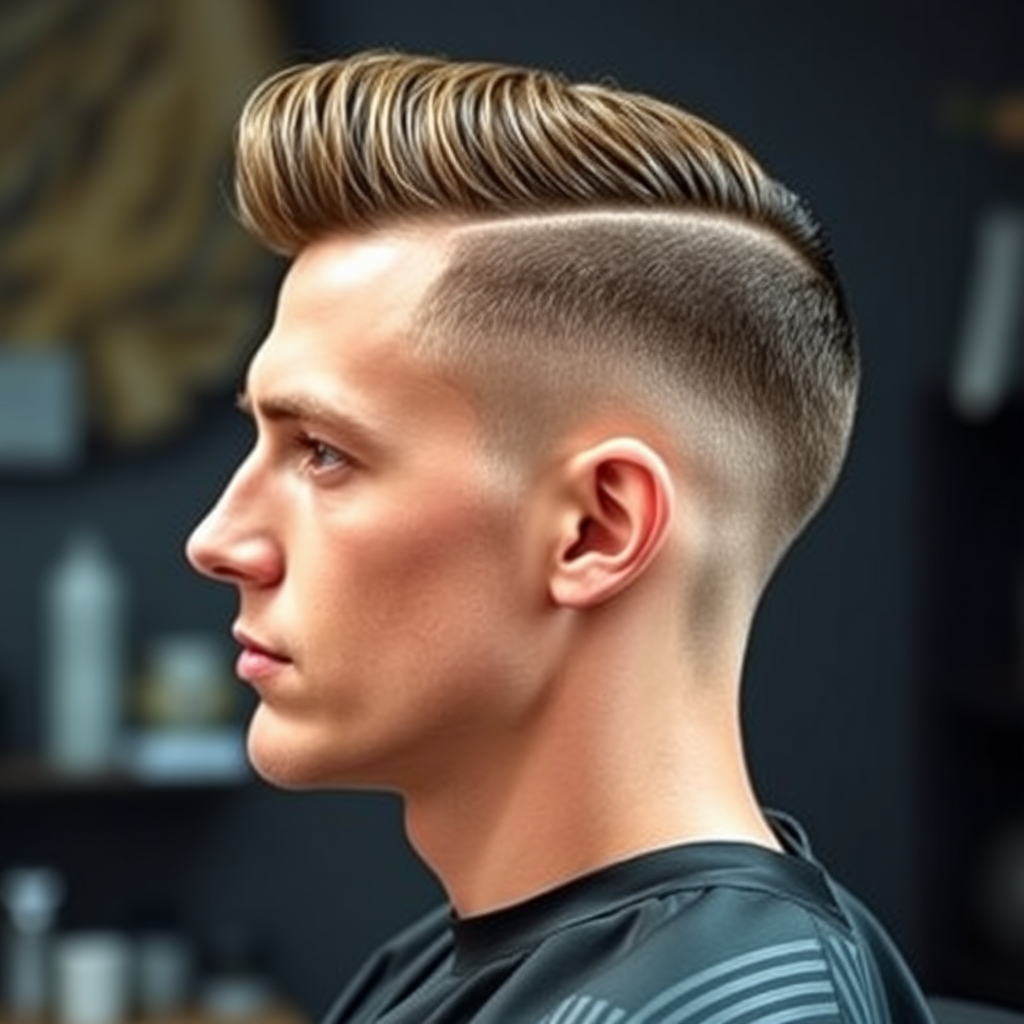 Corte clásico masculino estilo pompadour con acabado pulido y brillante, vista lateral mostrando la técnica tradicional de barbería