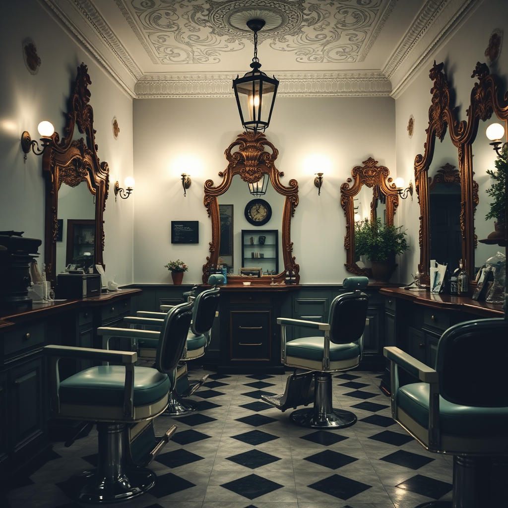 Interior elegante de barbería clásica con sillones vintage, espejos ornamentados y ambiente tradicional español