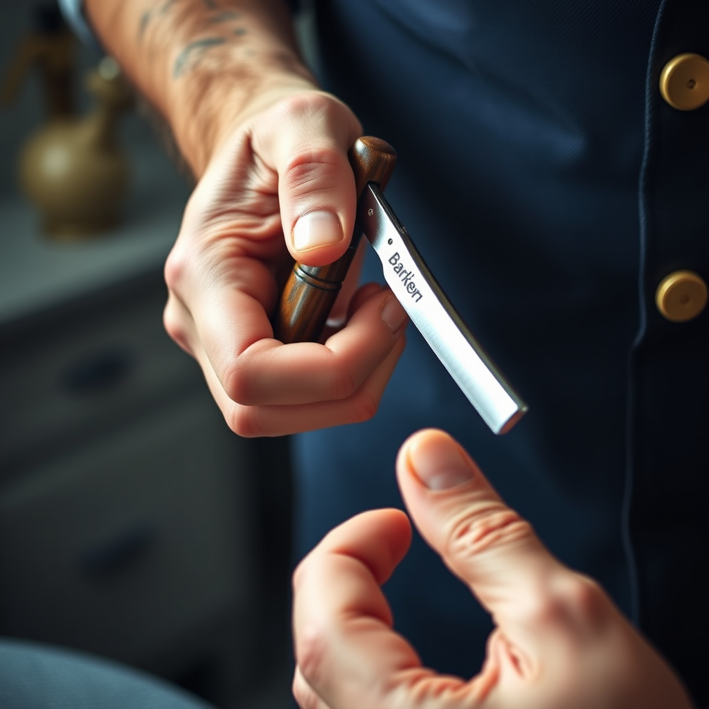 Manos expertas de barbero sosteniendo navaja tradicional con mango de madera tallada, mostrando la precisión y destreza requerida para el afeitado clásico