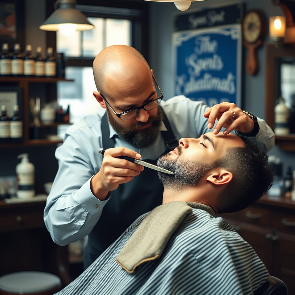 Barbero profesional aplicando productos artesanales durante un afeitado clásico, mostrando la técnica tradicional con navaja y toalla caliente en un ambiente de barbería clásica